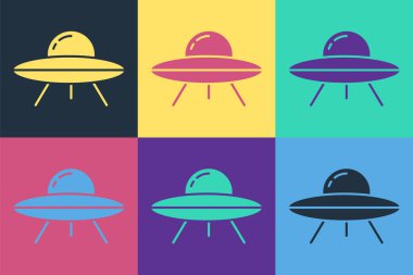 Pop Art UFO uçan uzay gemisi simgesi renk arkaplanında izole edildi. Uçan daire. Uzaylı uzay gemisi. Gelecekteki bilinmeyen uçan nesne. Vektör.