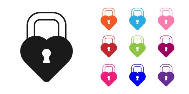 Siyah Kale, beyaz arka planda izole edilmiş kalp simgesi şeklinde. Kilitli Kalp. Aşk sembolü ve anahtar deliği işareti. Simgeleri renklendirin. Vektör