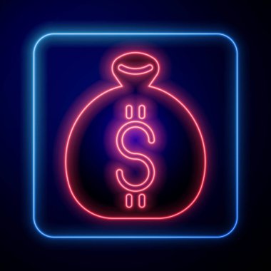 Parlayan neon para çantası simgesi siyah arkaplanda izole edildi. Dolar ya da USD sembolü. Nakit bankacılık tabelası. Vektör.