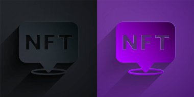 Kağıt kesiği NFT dijital kripto resim simgesi mor arkaplanda siyah üzerine izole. Para iadesi olmayan jeton. Kağıt sanatı tarzı. Vektör.