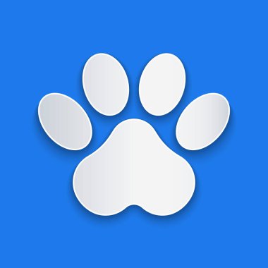 Kağıt kesiği Paw yazdırma simgesi mavi arkaplanda izole edildi. Köpek ya da kedi pençesi izi. Hayvan izleri. Kağıt sanatı tarzı. Vektör.