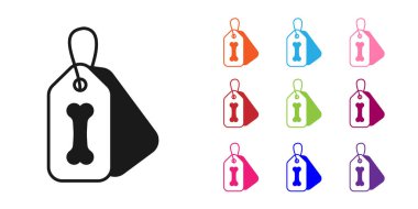 İsim etiketi ve beyaz arka planda izole edilmiş kemik plağı simgesi olan siyah köpek tasması. Evcil hayvan malzemeleri. Kedi köpek bakımı. Evcil köpek zincirleri. Simgeleri renklendirin. Vektör.