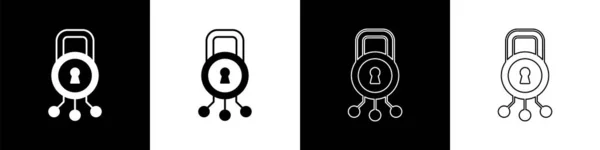 Establecer Icono Seguridad Cibernética Aislado Fondo Blanco Negro Candado Cerrado — Archivo Imágenes Vectoriales
