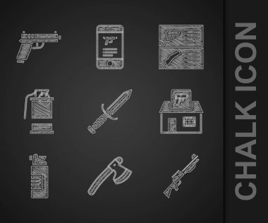 Askeri bıçak tahtadan baltayı silah dükkanı silahı silah şişesi el bombası kataloğu, tabanca ya da ikon olarak ayarla. Vektör.