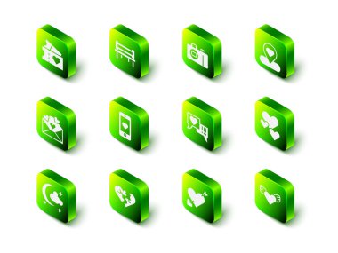 Romantik bank fotoğraf makinesi konumunu kalp kanatları konuşma baloncuğu, aşk ve ok ve kırık ya da boşanma ikonu ile ayarla. Vektör.