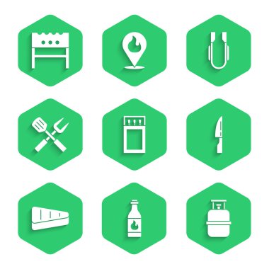 Kibrit kutusu ve kibrit kutusu. Tabasco sosu Propan benzin deposu. Barbekü bıçağı, biftek, çapraz çatal spatula, et maşası ve barbekü ikonu. Vektör.