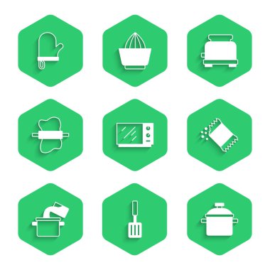 Mikrodalga fırın barbekü spatulasını hamur tost makinesine ve fırın eldiveni ikonuna biber rulo pin paketini yerleştir. Vektör.