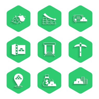 Altın madeni altın külçeleri çantasına Kazma Kasası sertifikası ve külçe ikonu koyun. Vektör.