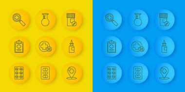 Haç paketindeki çizgi hapları, hastane tıbbi haritası işaretleyicisi şişe burun spreyi büyüteci, ilaç şişesi ve test tüpü ikonu için ayarla. Vektör.