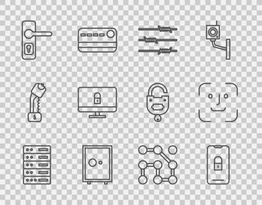 Satır Sunucusu Veri Sunucu Mobil 'i bilgisayar monitöründe asma kilitli dikenli tel güvenli kapı kolu kilidi ve yüz tanıma simgesine ayarla. Vektör.