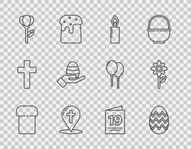 Paskalya pastası yumurta yanan mum işaretçisini Hıristiyan haçı lale insan eli Paskalya tebrik kartı Mutlu ve ikon ile ayarla. Vektör.