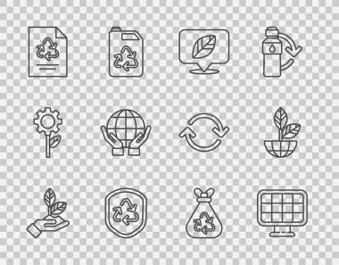 Güneş enerjisi panelindeki hattı, Kalkan Kağıt Geri Dönüşüm sembolü içinde Dünya 'nın çöp torbasını ve bitki ikonunu tutan geri dönüşüm ellerinin içine yerleştirin. Vektör.