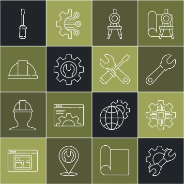Çizgi anahtarı ve dişli işlemci çizim pusula güvenlik kaskı tornavida ve anahtar simgesini ayarla. Vektör.