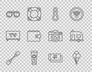 Line Paddle, dondurma külahı, Meteoroloji termometresi, güneş kremi tüpü, dürbün, cüzdan, uçak bileti ve karavan ikonu. Vektör