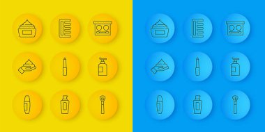 Mascara fırçası, krem veya losyon kozmetik tüpü, tırnak törpüsü, makyaj malzemesi, göz farı paleti ve saç fırçası simgesini ayarla. Vektör