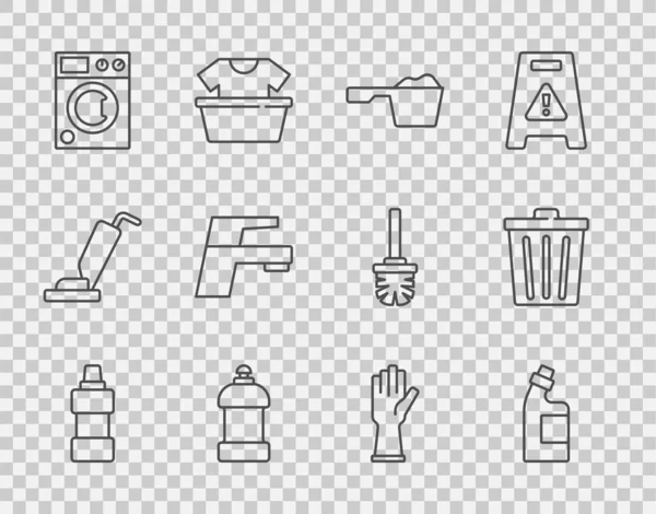 为清洁剂 洗衣粉 洗涤器 水龙头 橡胶手套和垃圾箱设置线箱图标 — 图库矢量图片