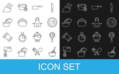 Mutfak çırpıcısını kaseyle çırpın, kızartma tavasında yumurta kızartın, çırpın, tencere, pişirme kabı, bıçak ve önlük ikonu. Vektör