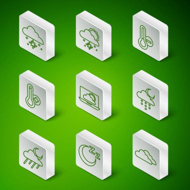 Çizgiyi belirle, uyku zamanı, kar, hava tahmini, meteoroloji termometresi, güneş, yağmur ayı ve ikon. Vektör