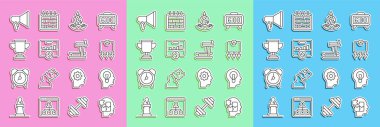 Line Head puzzle stratejisi, ampullü insan, kilo kaybı, dünya genişlemesi, anahtar performans göstergesi, ödül kupası, megafon ve koşu bandı makinesi ikonu. Vektör