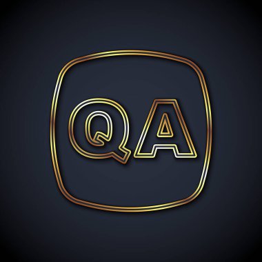 Siyah zemin üzerinde Soru ve Yanıt simgesi olan altın renkli konuşma baloncukları. Q ve A sembolü. SSS işareti. Konuşma balonu ve çizelgesi. Vektör.