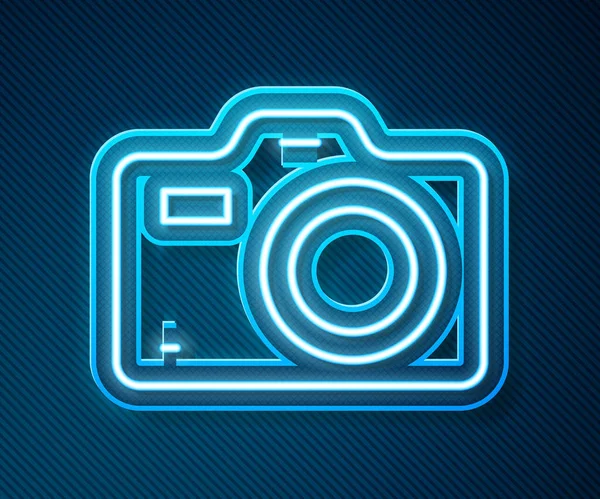 发光的霓虹灯线照片相机图标孤立在蓝色背景 脚踏相机 数字摄影 — 图库矢量图片