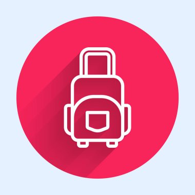Seyahat simgesi için beyaz bavul uzun gölge arkaplanı ile izole edilmiş. Seyahat bagaj tabelası. Seyahat bagaj ikonu. Kırmızı daire düğmesi. Vektör