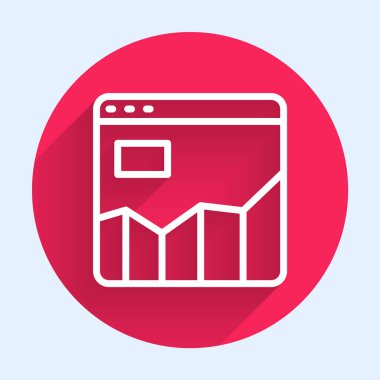 Beyaz çizgi grafiği, çizelgesi, çizelgesi, diyagramı, bilgi grafiği, uzun gölge arkaplanı ile izole edilmiş turta grafik simgesi. Kırmızı daire düğmesi. Vektör