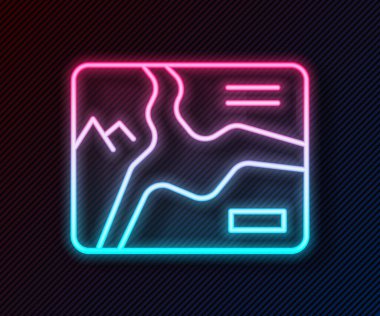 Siyah zemin üzerinde izole edilmiş rota ve koordinat simgesiyle parlayan neon hattı Topografik haritası. Vektör