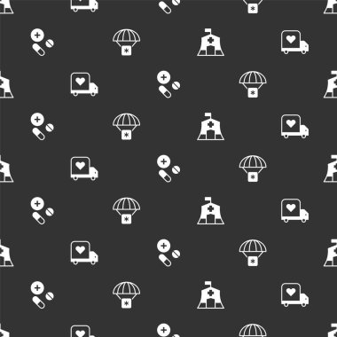 Acil yardım çadırı, kalbi olan teslimat kamyonu, ilaç ya da tablet ve insani yardım araçlarını kusursuz bir şablona ayarlayın. Vektör