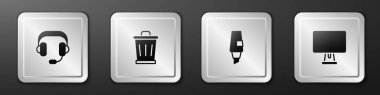 Kulaklıkları, çöp tenekesini, İşaretleyici kalemini ve Bilgisayar monitör simgesini ayarla. Gümüş kare düğme. Vektör