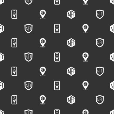 NFT Dijital Şifreleme Sanatı, Kalkan, Ethereum ETH ve kusursuz desen ayarlayın. Vektör