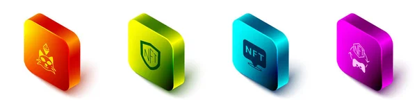 Definir Isometric Nft Arte Criptográfica Digital Escudo Ícone Vetor — Vetor de Stock