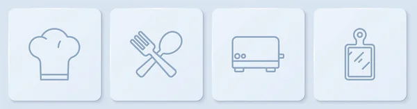 采购产品设置直线厨师帽 烤面包机 交叉叉 勺子和切菜板 白色正方形按钮 — 图库矢量图片