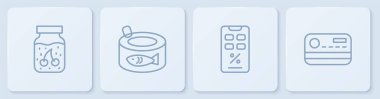 Reçel kavanozu, indirimli ve cep telefonu, konserve balık ve kredi kartı. Beyaz kare düğme. Vektör