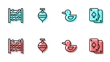 Çizgiyi Rubber Duck, Abacus, Whirligig oyuncağı ve iskambil ikonu olarak ayarla. Vektör