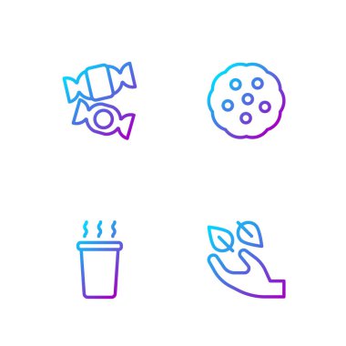 Elinde çay yaprağı, bir fincan çay, şeker ve kurabiye ya da bisküvi olsun. Renk simgeleri. Vektör