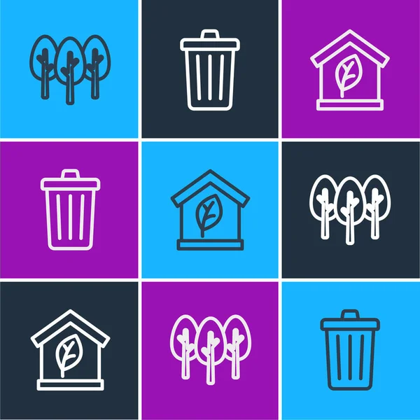 Establecer Línea Árbol Eco Friendly House Trash Can Icon Vector — Vector de stock