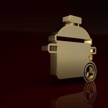 Kahverengi arka planda izole edilmiş altın tencere ikonu. Haşlama ya da güveç besin sembolü. Minimalizm kavramı. 3 Boyutlu resimleme .