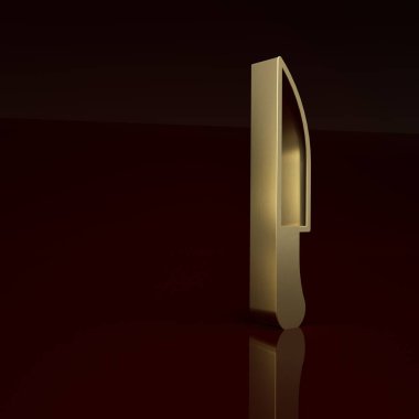 Altın Bıçak simgesi kahverengi arka planda izole edilmiş. Çatal bıçak sembolü. Minimalizm kavramı. 3 Boyutlu resimleme .