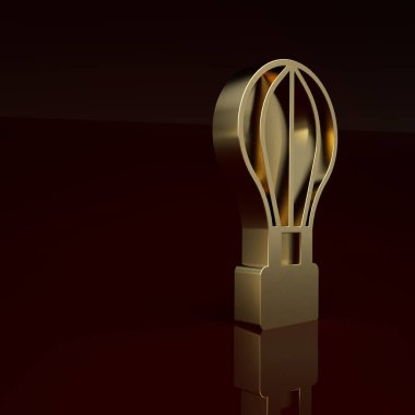 Altın Sıcak Hava Balonu ikonu kahverengi arka planda izole edildi. Seyahat için hava taşımacılığı. Minimalizm kavramı. 3 Boyutlu resimleme .