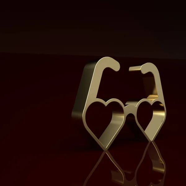 Gold Heart shaped love glasses icon isolated on brown background. Suitable for Valentine day card design. Minimalism concept. 3D render illustration .