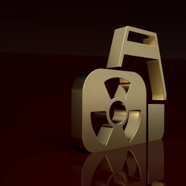 Altın Nükleer Santral ikonu kahverengi arka planda izole edildi. Enerji endüstrisi konsepti. Minimalizm kavramı. 3 Boyutlu resimleme .