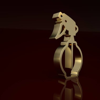 Kahverengi arka planda izole edilmiş altın rengi su püskürtme ikonu. Ütü fıskiyesi. Minimalizm kavramı. 3 Boyutlu resimleme .