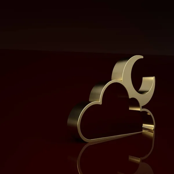 Gold Cloud with moon icon isolated on brown background. Cloudy night sign. Sleep dreams symbol. Night or bed time sign. Minimalism concept. 3D render illustration .