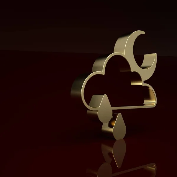 Gold Cloud with rain and moon icon isolated on brown background. Rain cloud precipitation with rain drops. Minimalism concept. 3D render illustration .