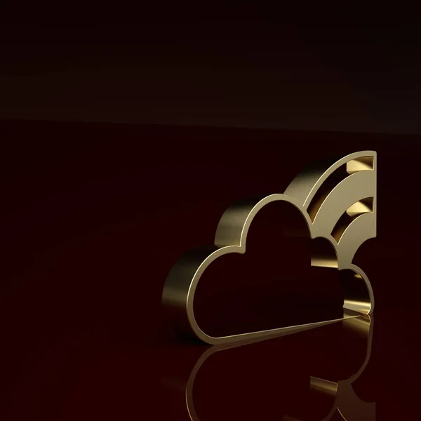 Gold Rainbow with clouds icon isolated on brown background. Minimalism concept. 3D render illustration .