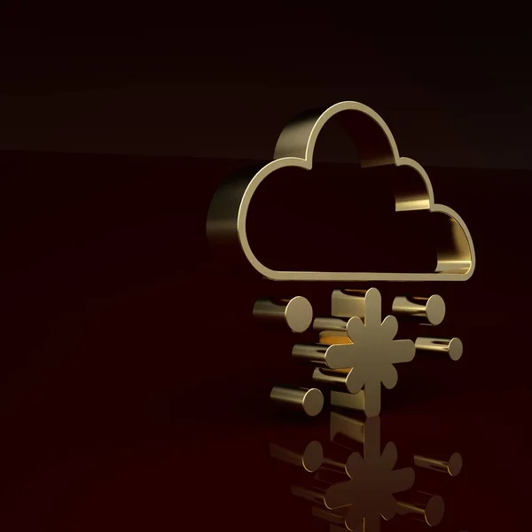 Gold Cloud with snow icon isolated on brown background. Cloud with snowflakes. Single weather icon. Snowing sign. Minimalism concept. 3D render illustration .