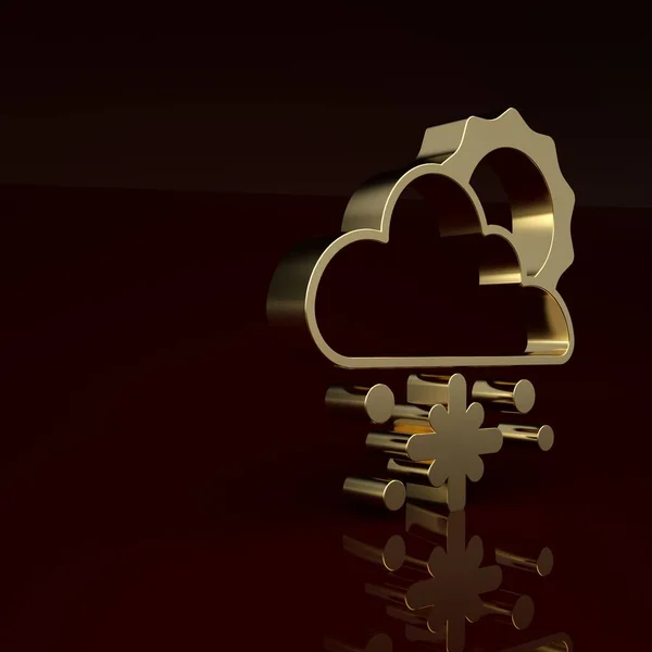 Gold Cloud with snow and sun icon isolated on brown background. Cloud with snowflakes. Single weather icon. Snowing sign. Minimalism concept. 3D render illustration .