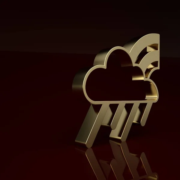Gold Rainbow with cloud and rain icon isolated on brown background. Minimalism concept. 3D render illustration .
