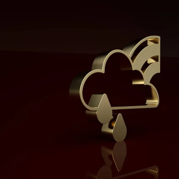 Gold Rainbow with cloud and rain icon isolated on brown background. Minimalism concept. 3D render illustration .